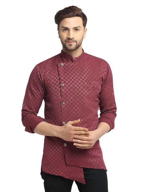 benstoke maroon regular fit mandarin collar self design short kurta