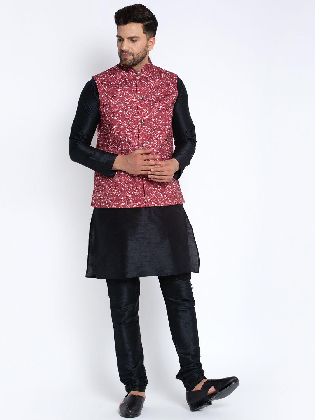 benstoke men black dupion silk kurta with churidar and nehru jacket