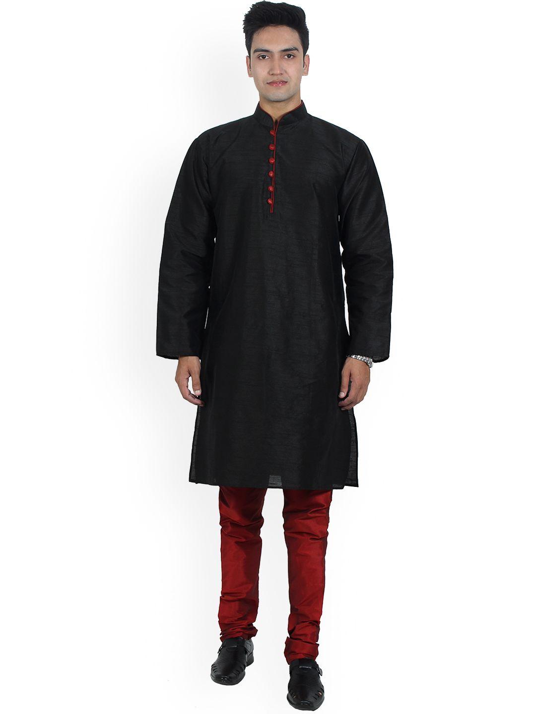 benstoke men black dupion silk kurta with pyjamas set