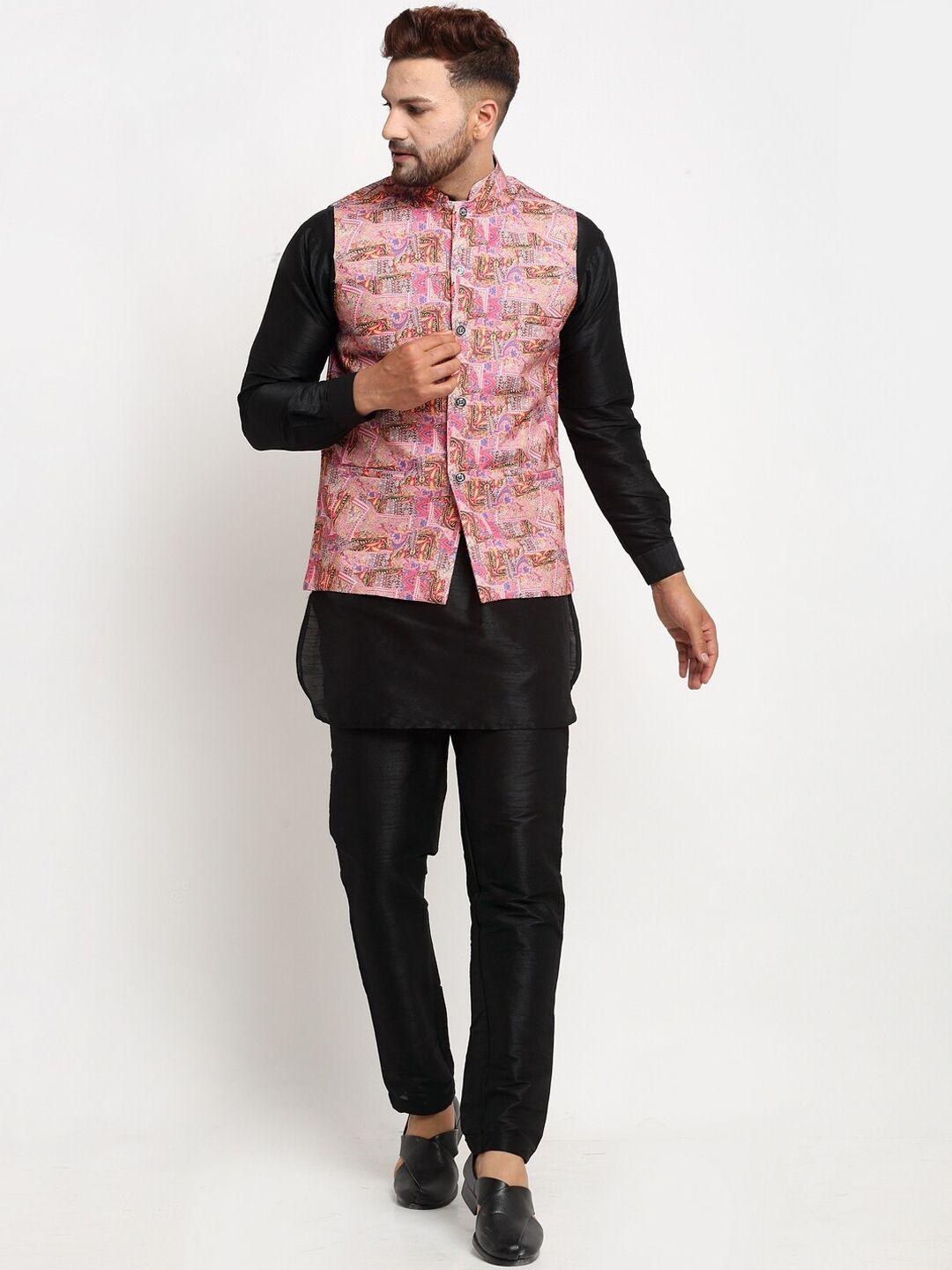 benstoke men black kurta set pink printed nehru jacket
