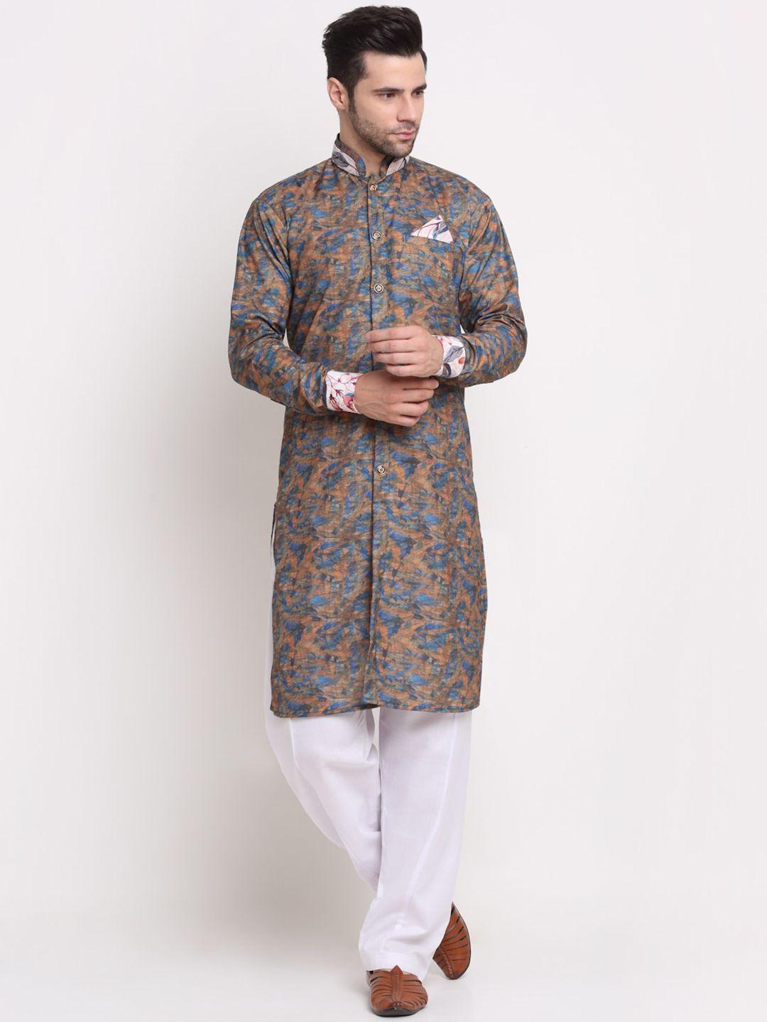 benstoke men blue & orange printed sherwani