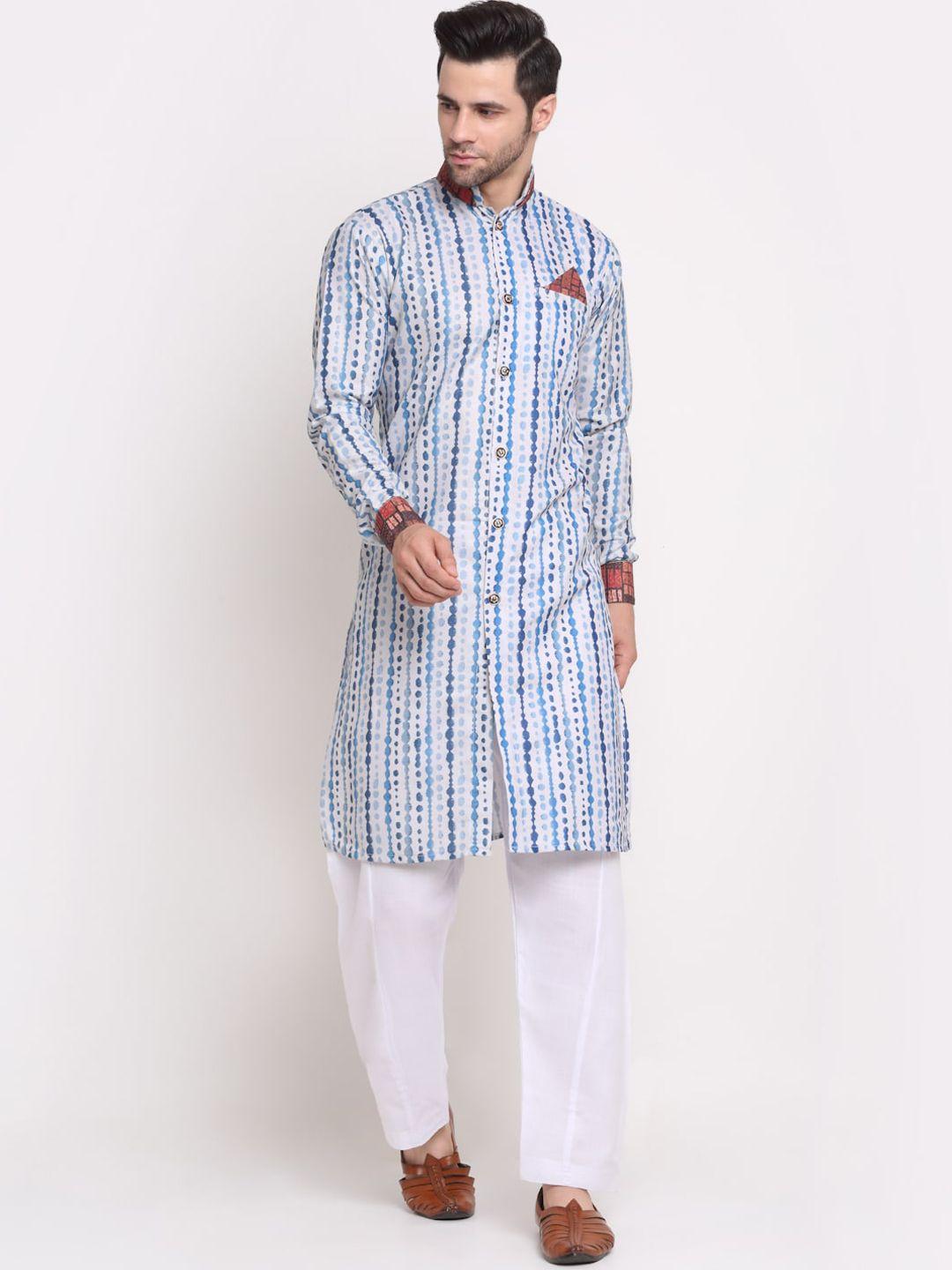 benstoke men blue & white printed sherwani & churidar set