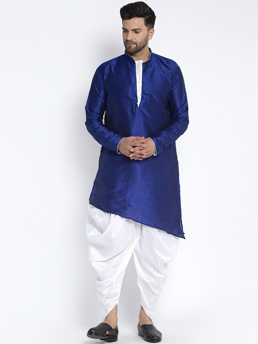 benstoke men blue & white solid kurta with dhoti pants