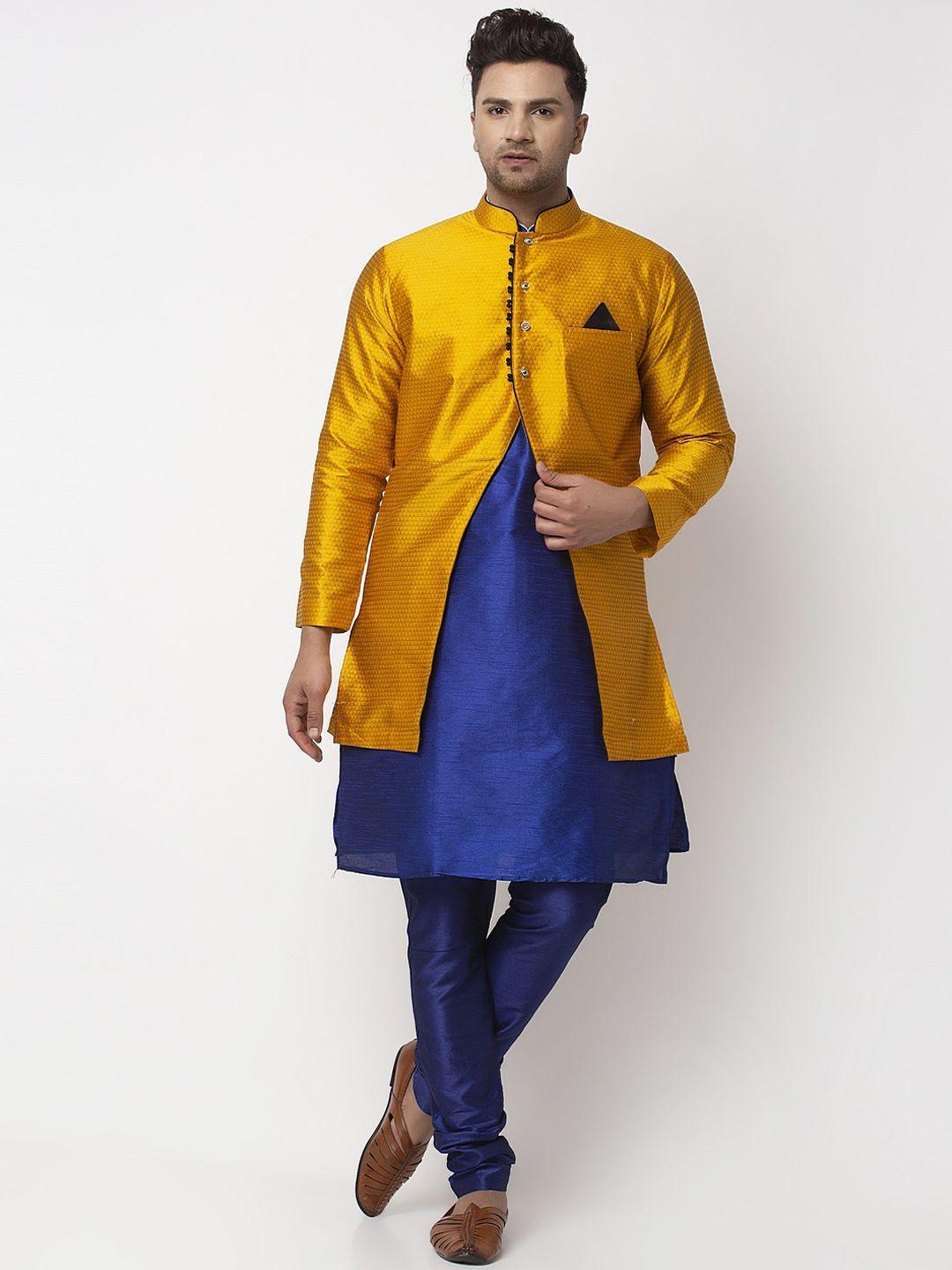 benstoke men blue dupion silk kurta ethnic jacket set with churidar