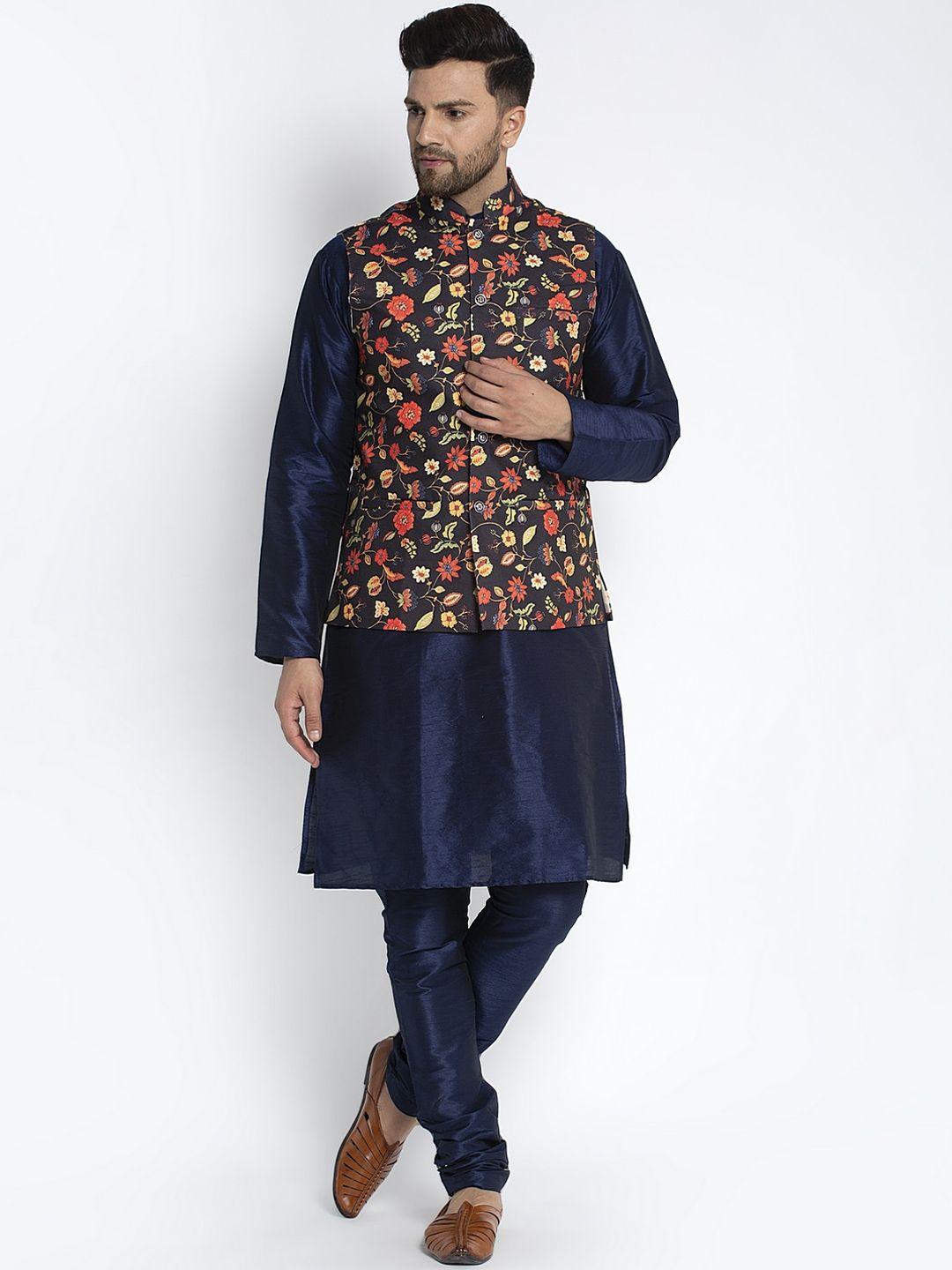 benstoke men blue solid kurta with pyjamas & nehru jacket