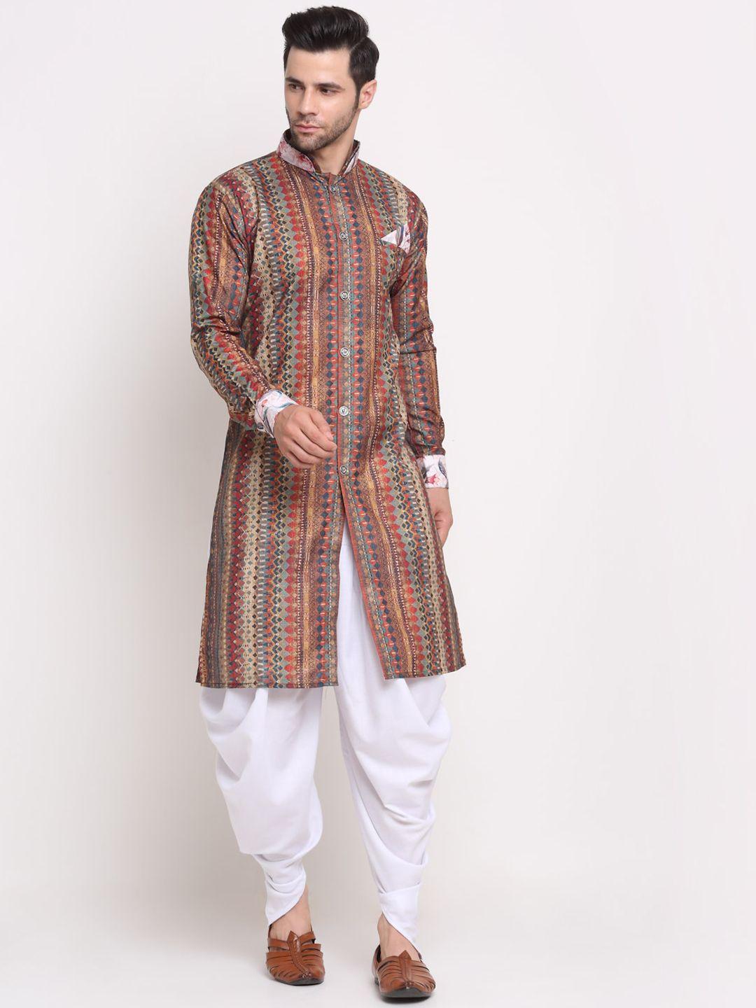 benstoke men brown & blue printed sherwani set