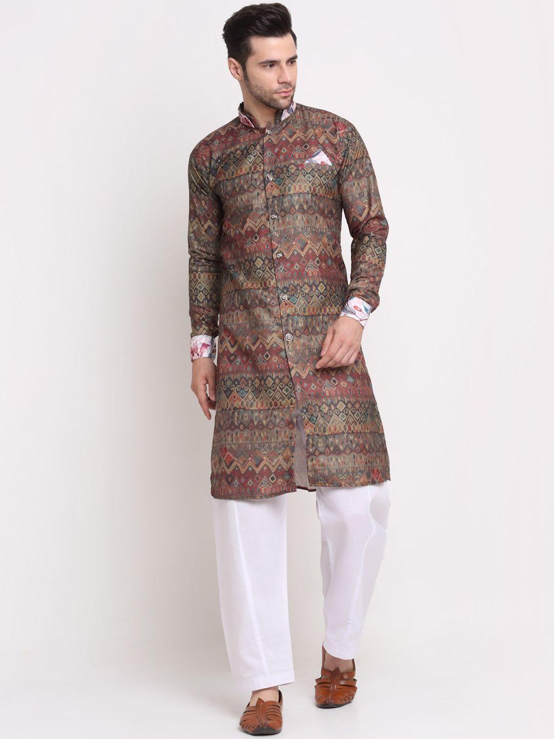 benstoke men brown & red printed sherwani set