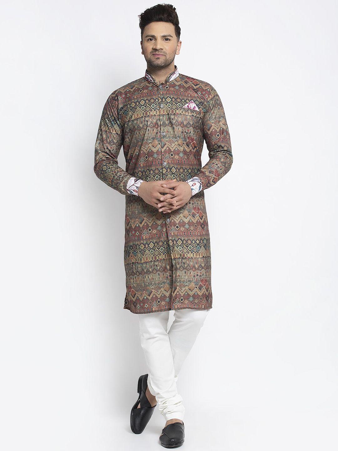 benstoke men brown & white printed sherwani set