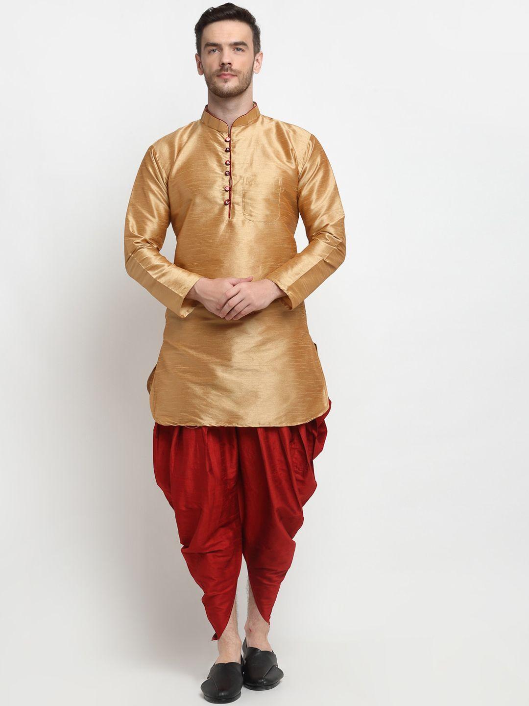 benstoke men copper coloured woven design solid dupion silk kurta set