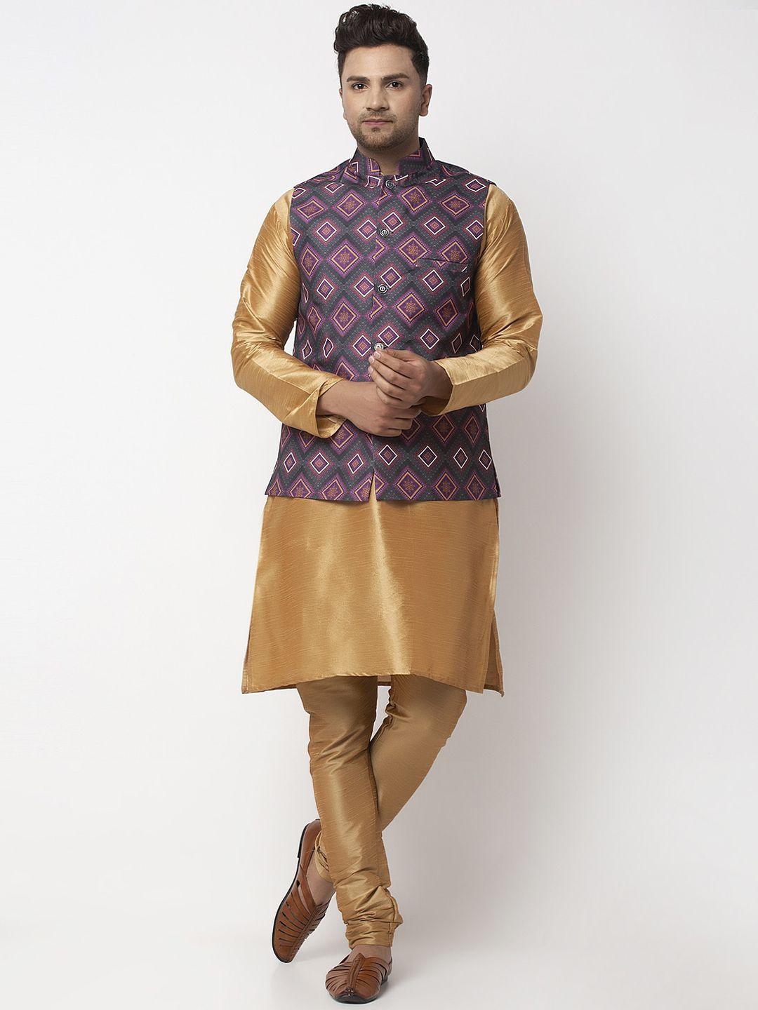 benstoke men copper-toned angrakha kurta with pyjamas and nehru jacket set