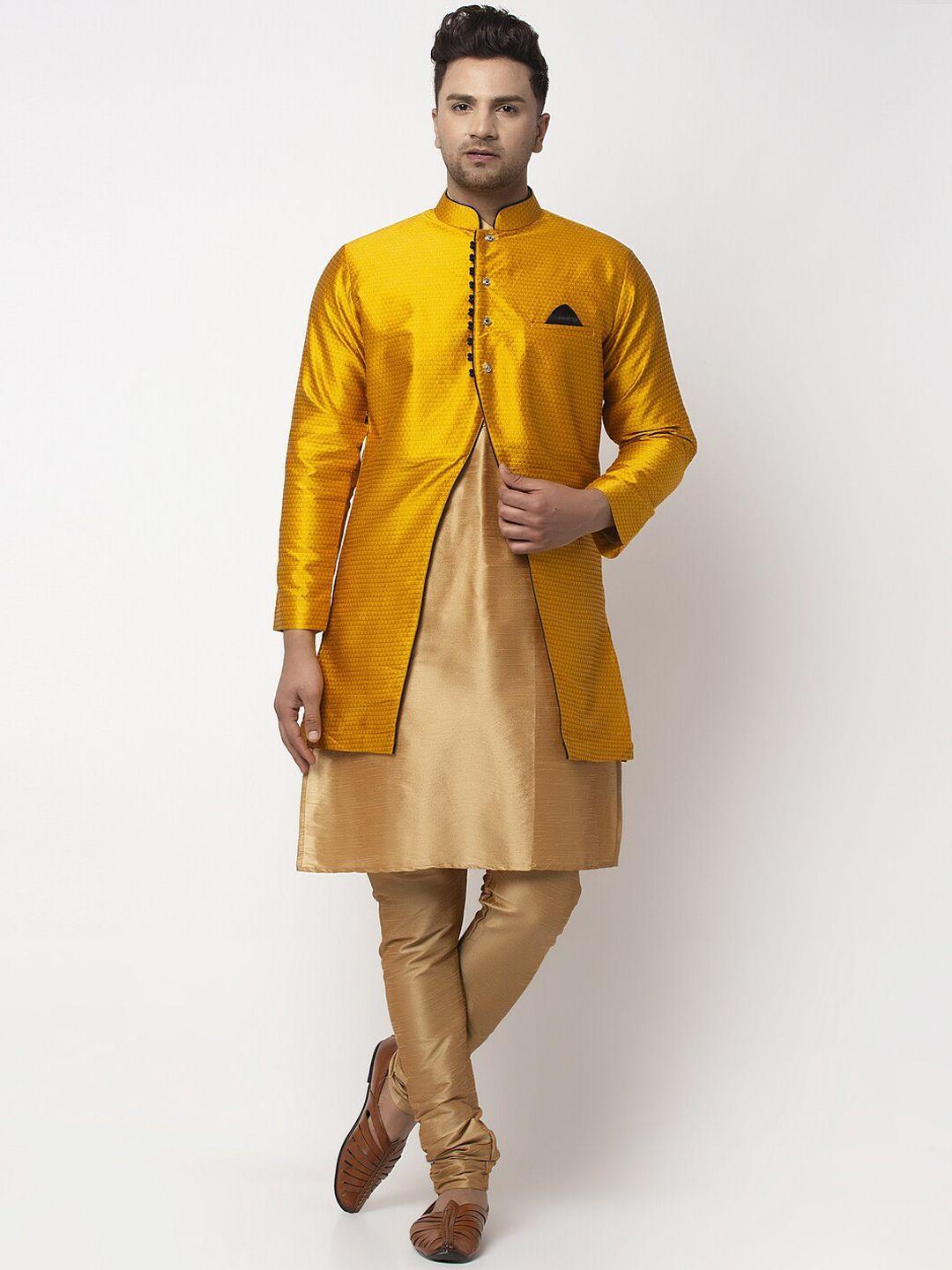 benstoke men copper-toned layered dupion silk kurta with churidar