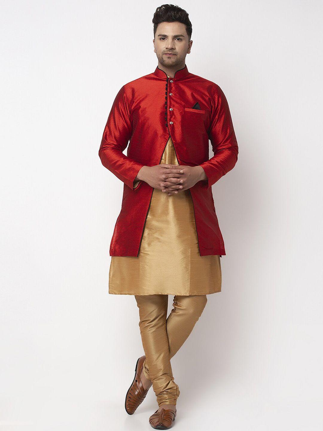 benstoke men copper-toned layered dupion silk kurta with churidar