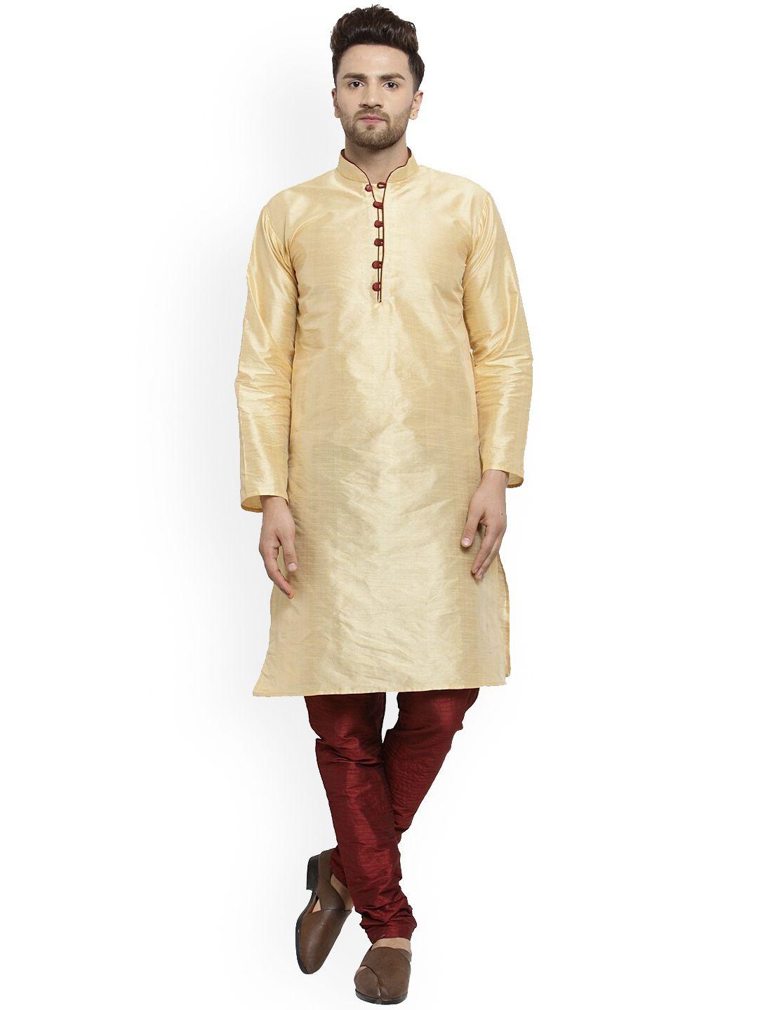 benstoke men gold-toned dupion silk kurta with churidar set