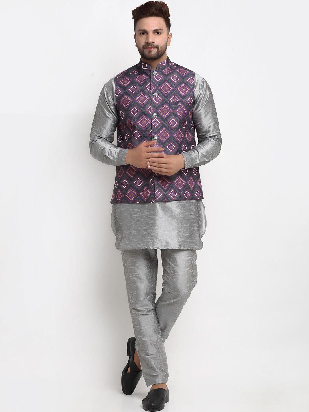 benstoke men grey kurta with pyjamas & nehru jacket set