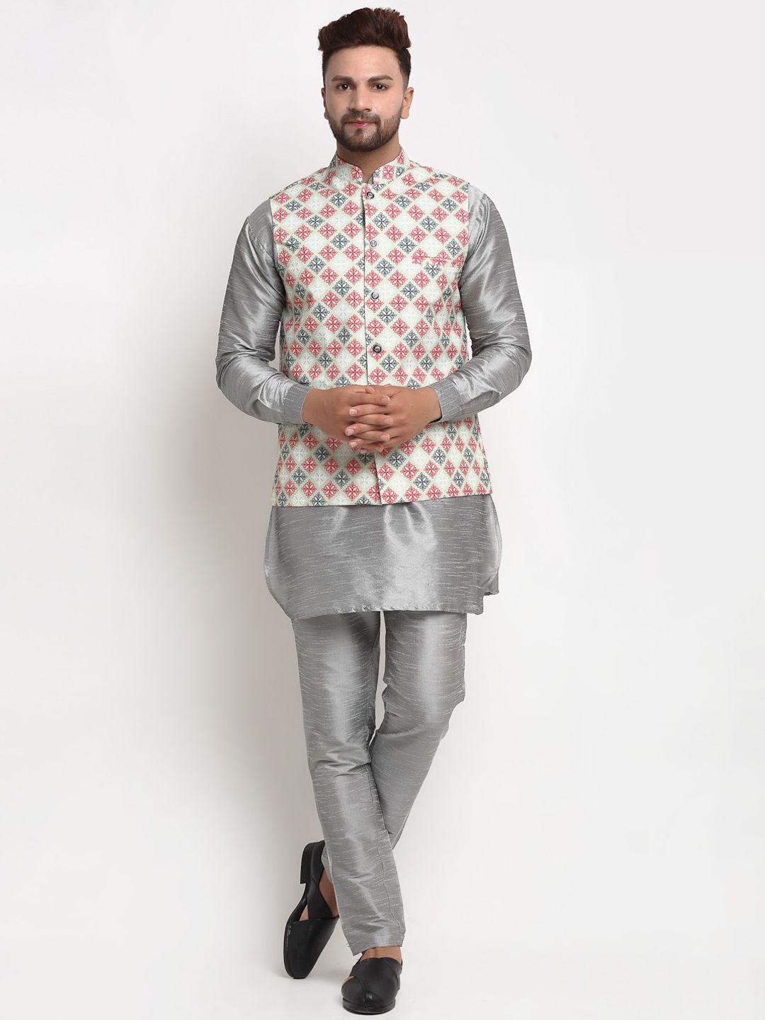 benstoke men grey melange dupion silk kurta set with nehru jacket