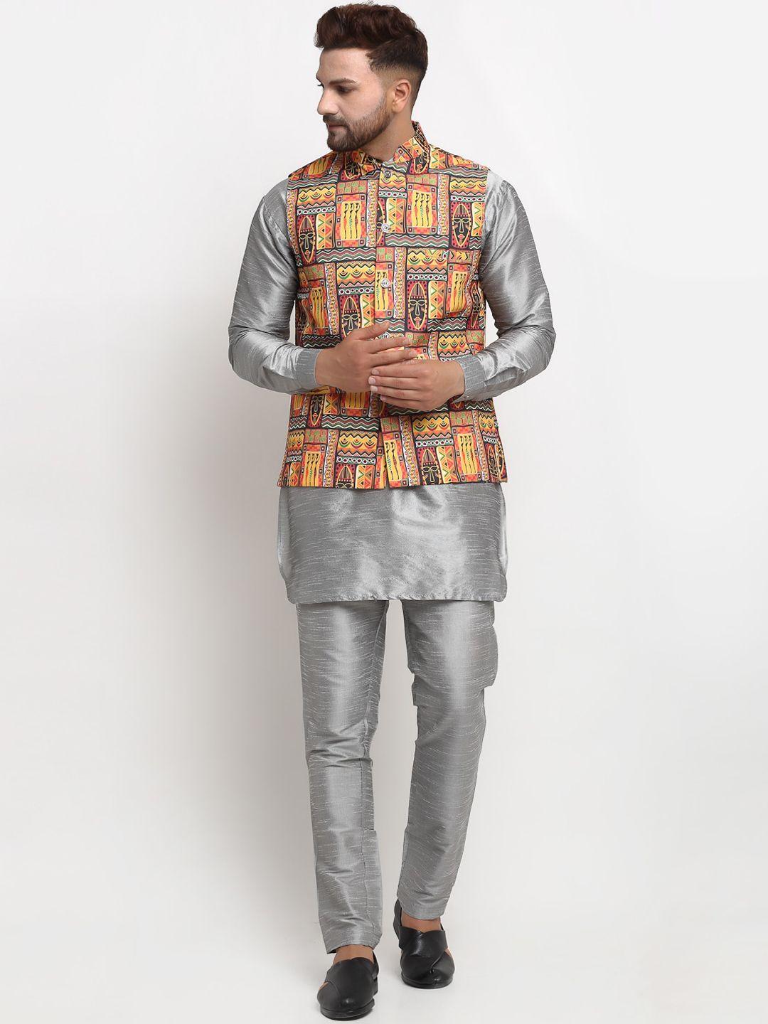 benstoke men grey printed dupion silk kurti with pyjamas and nehru jacket