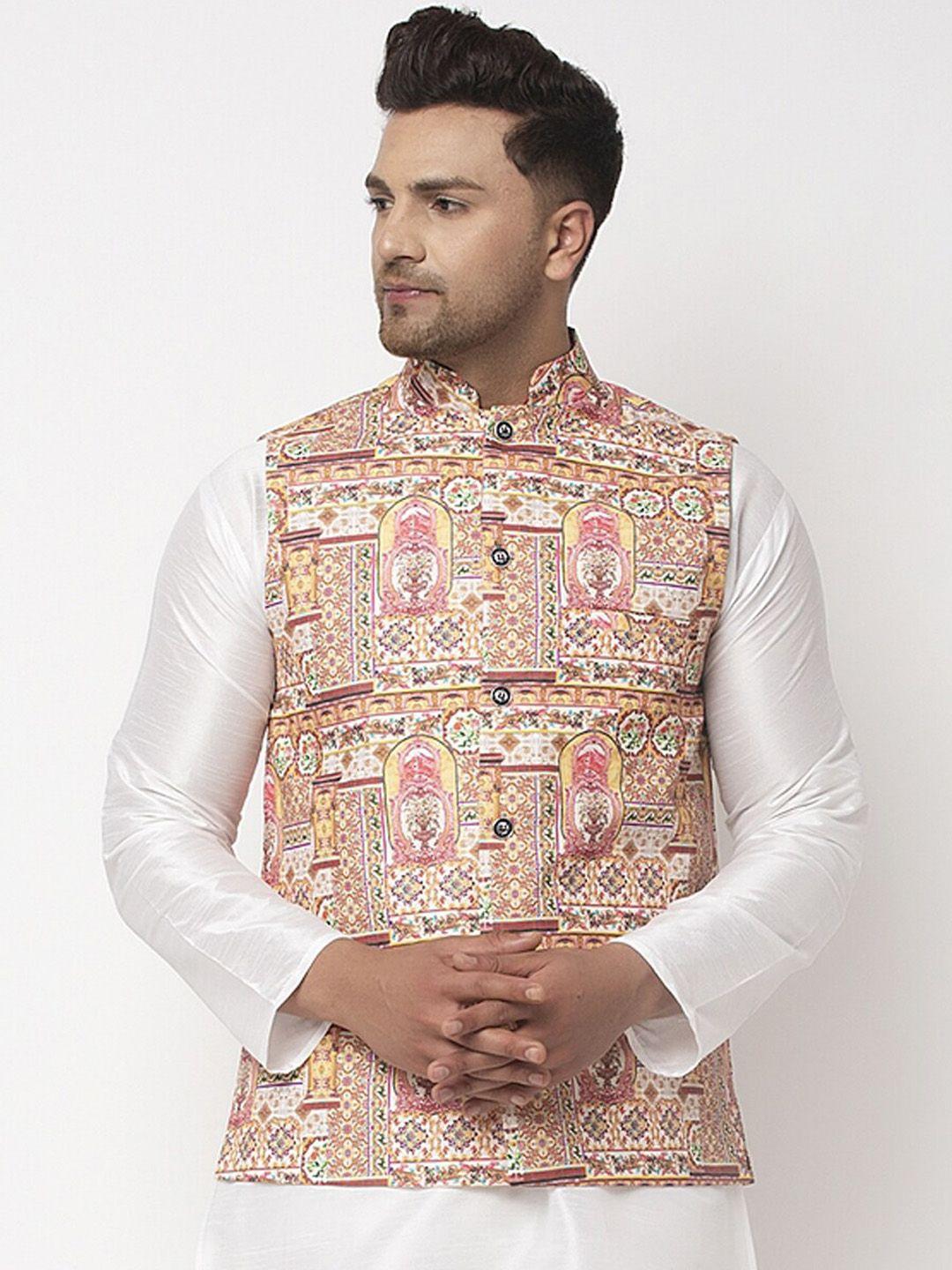 benstoke men multicolored printed nehru jacket