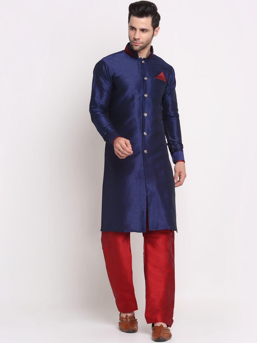 benstoke men navy blue & maroon solid sherwani set