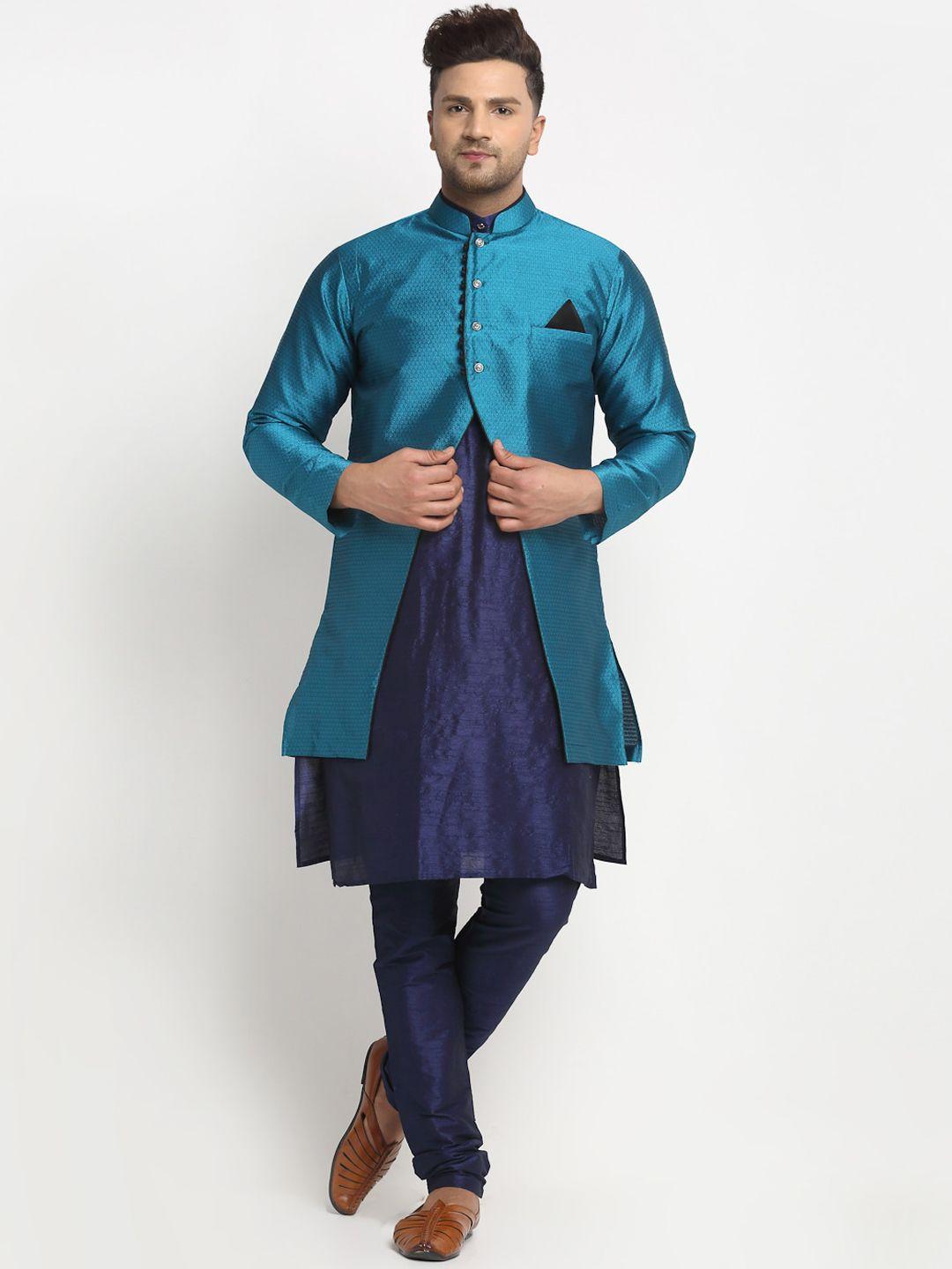 benstoke men navy blue silk blend kurta churidar and jacket set