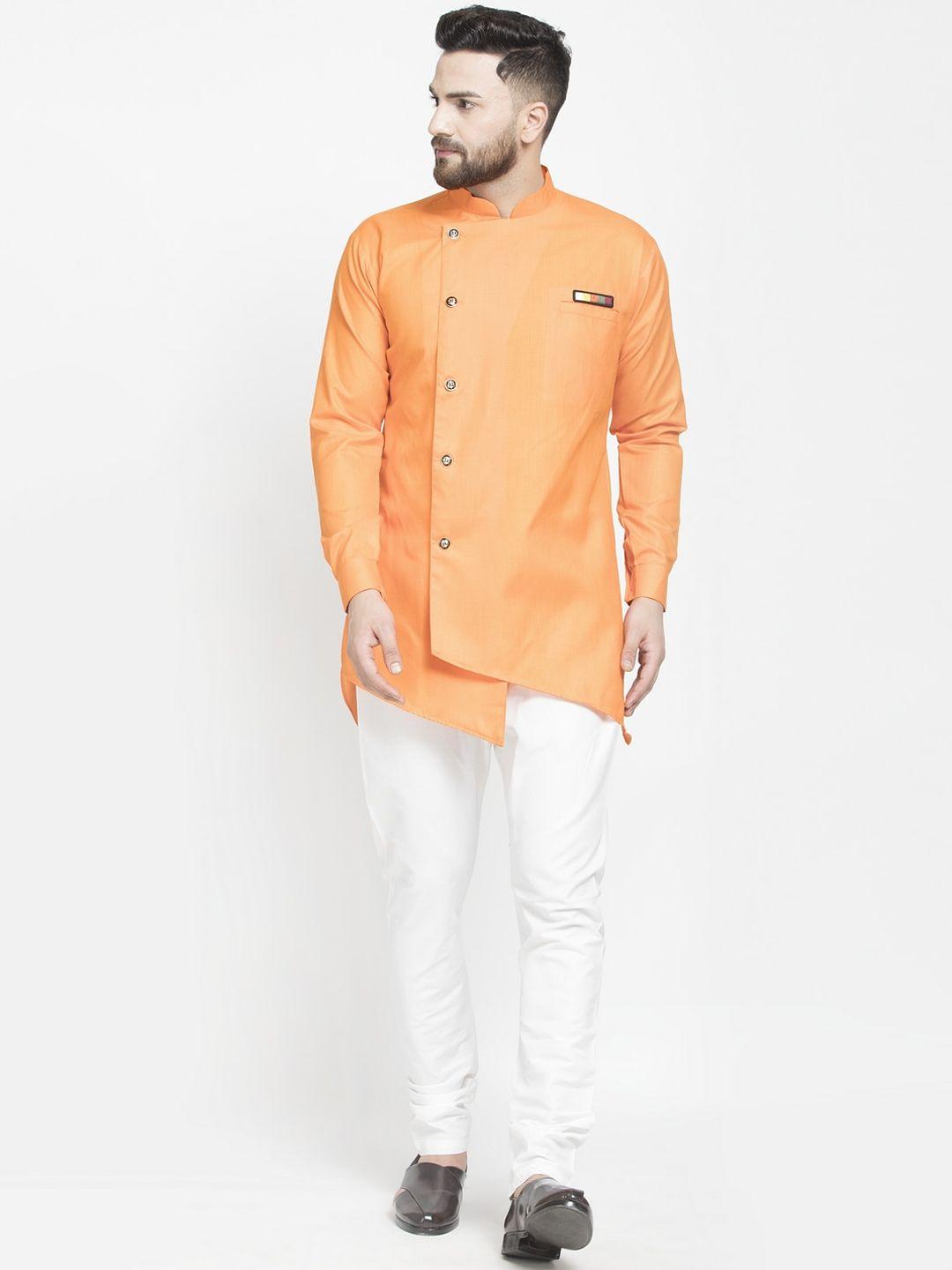 benstoke men orange & white solid kurta with churidar