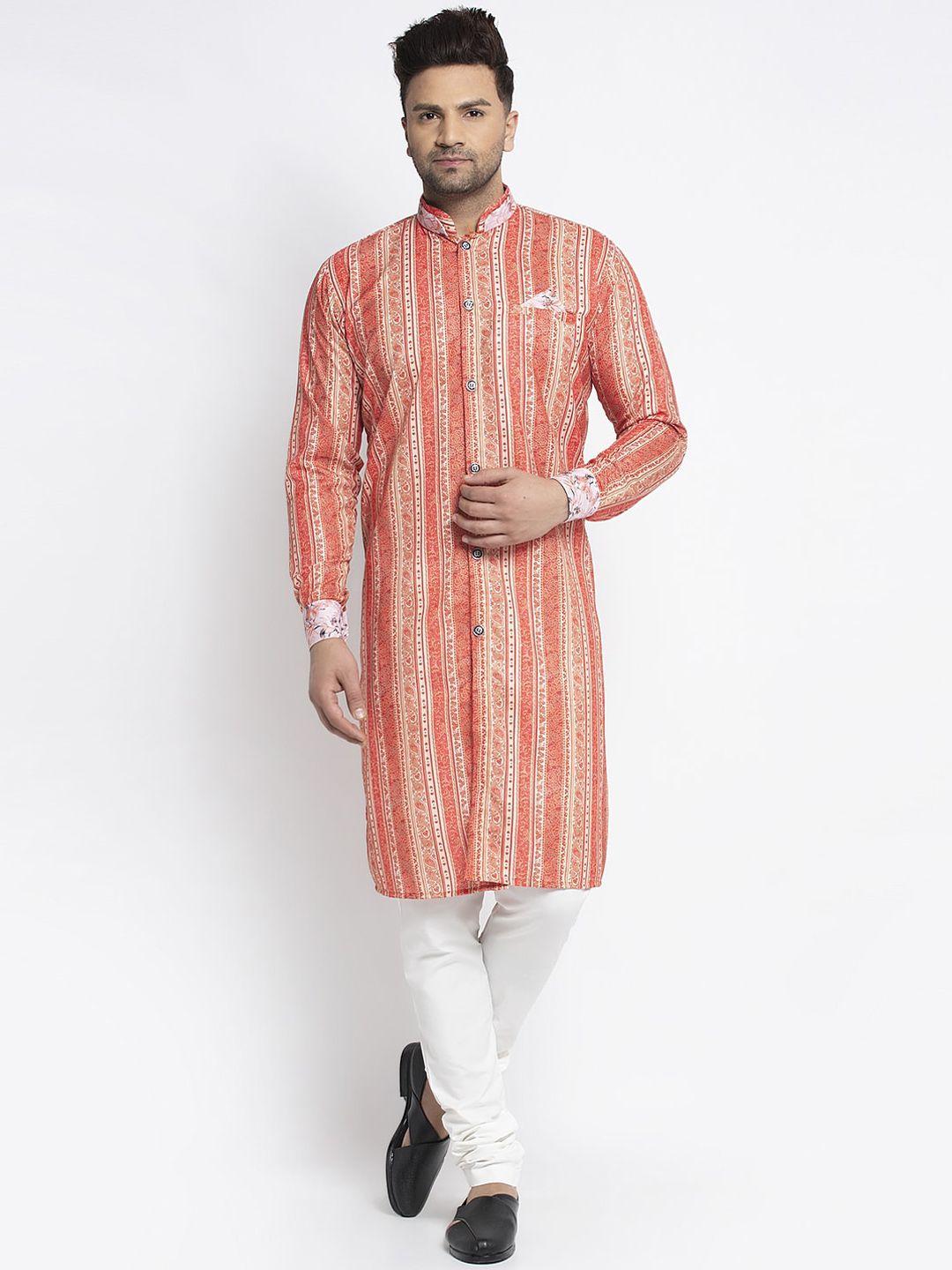 benstoke men orange coloured & white striped printed sherwani set
