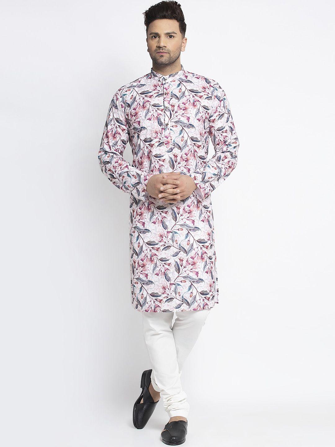 benstoke men pink & white printed kurta with churidar
