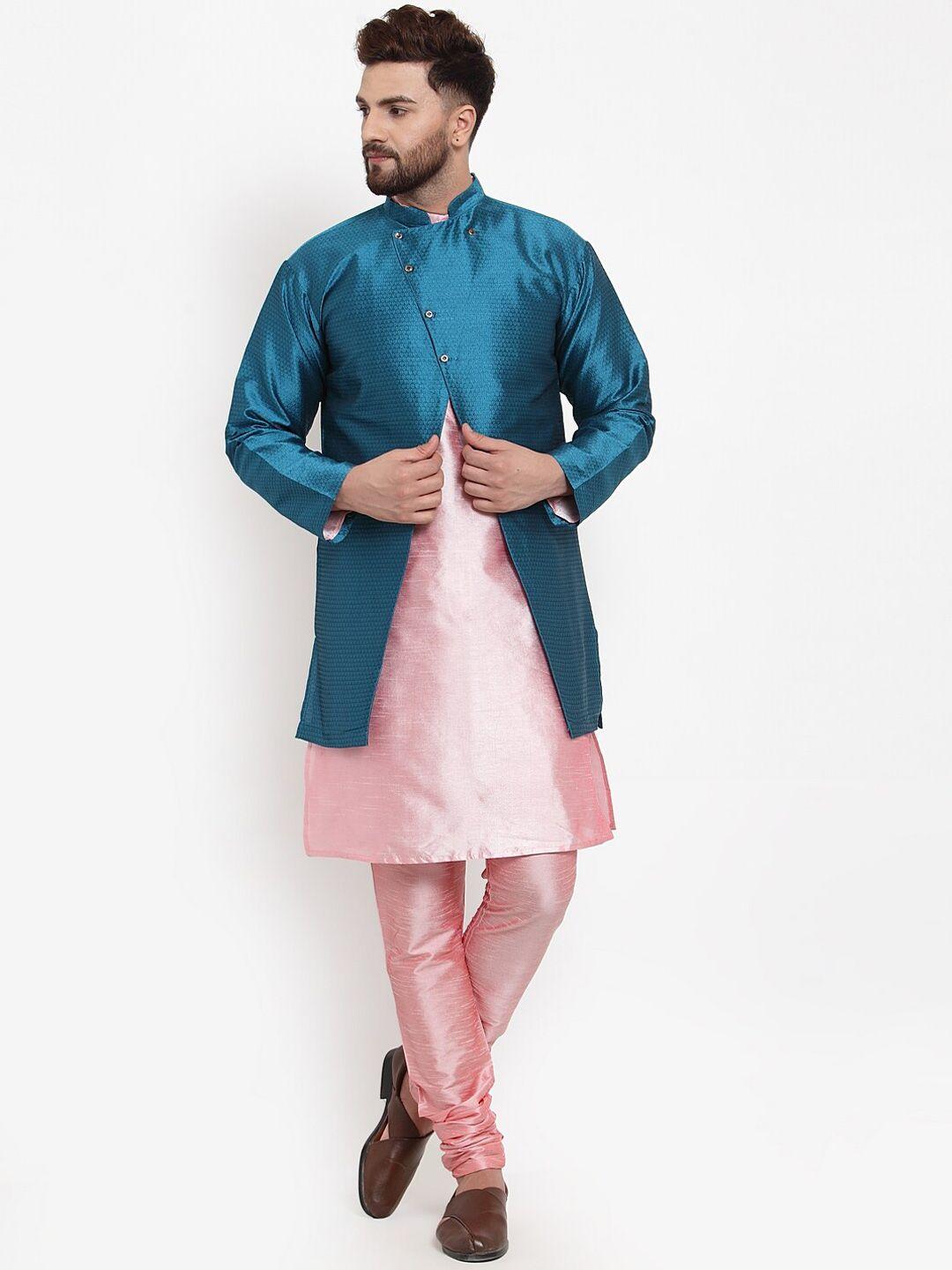 benstoke men pink layered dupion silk kurta with churidar