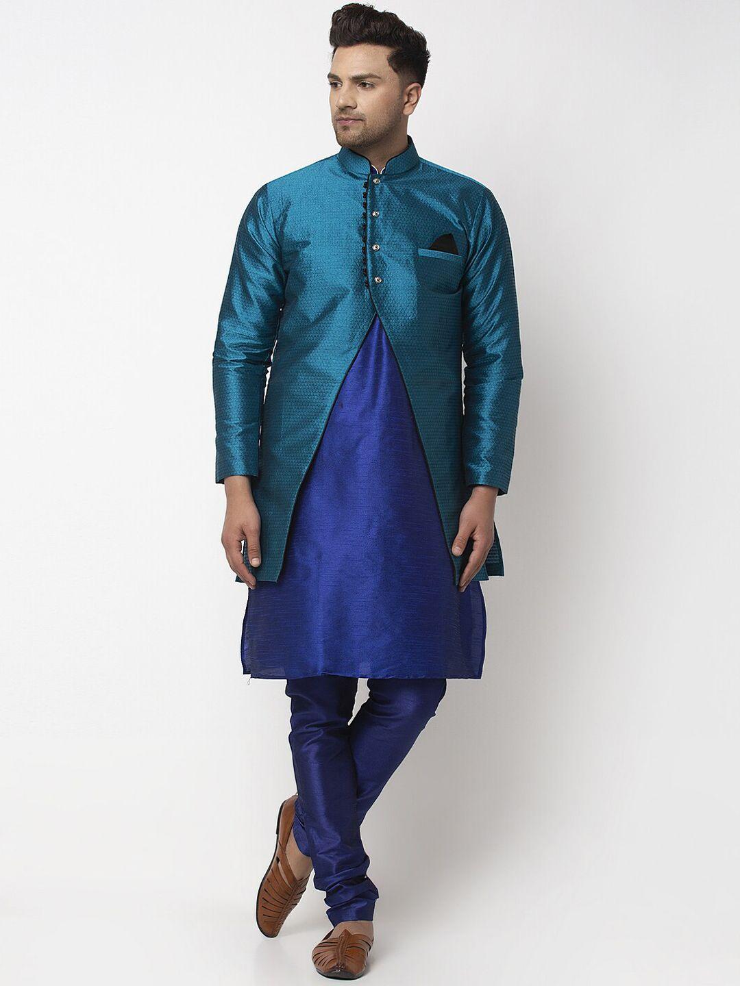 benstoke men royal blue dupion silk kurta churidar and jacket set