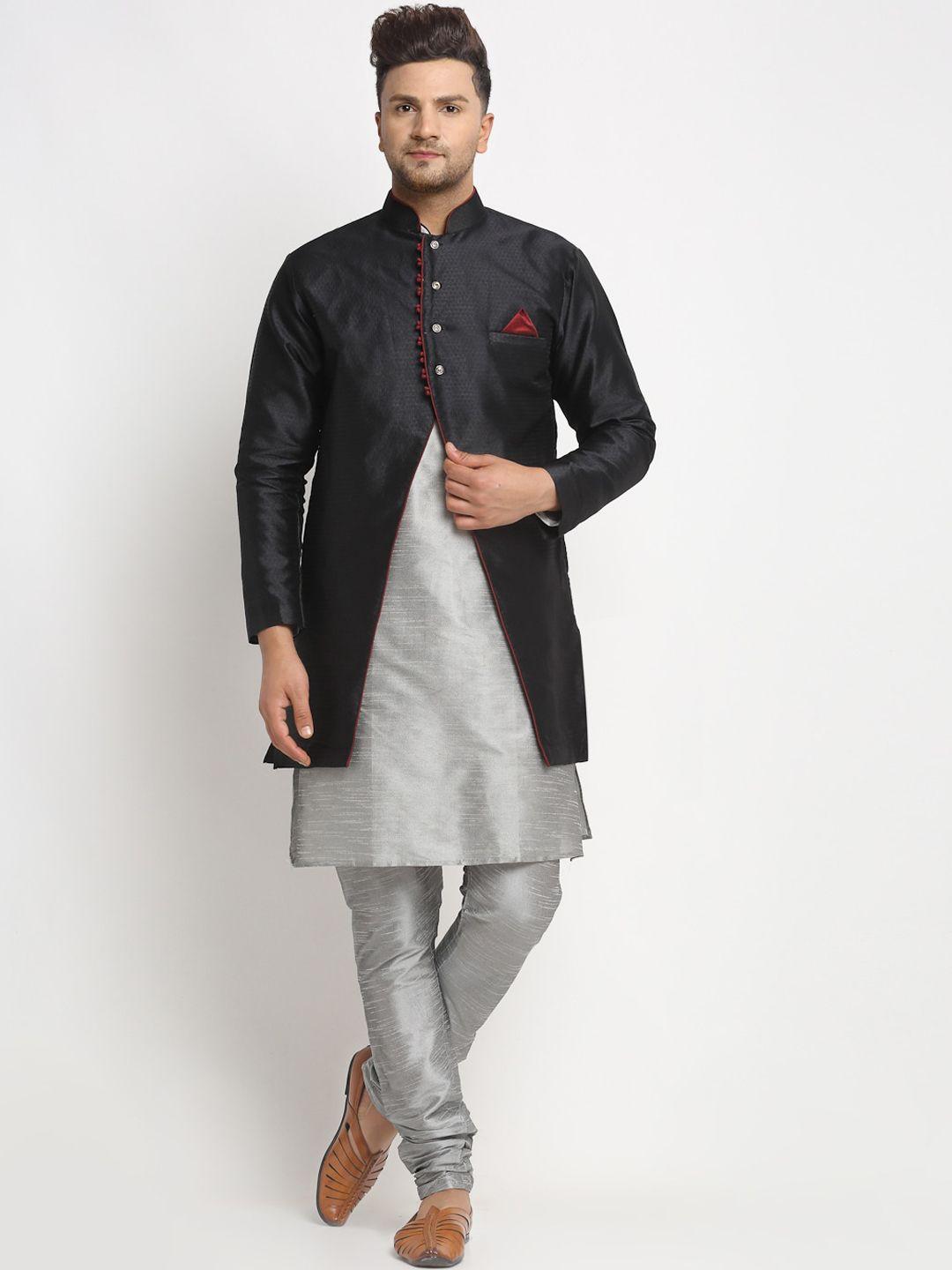 benstoke men silver-toned & black solid kurta with churidar