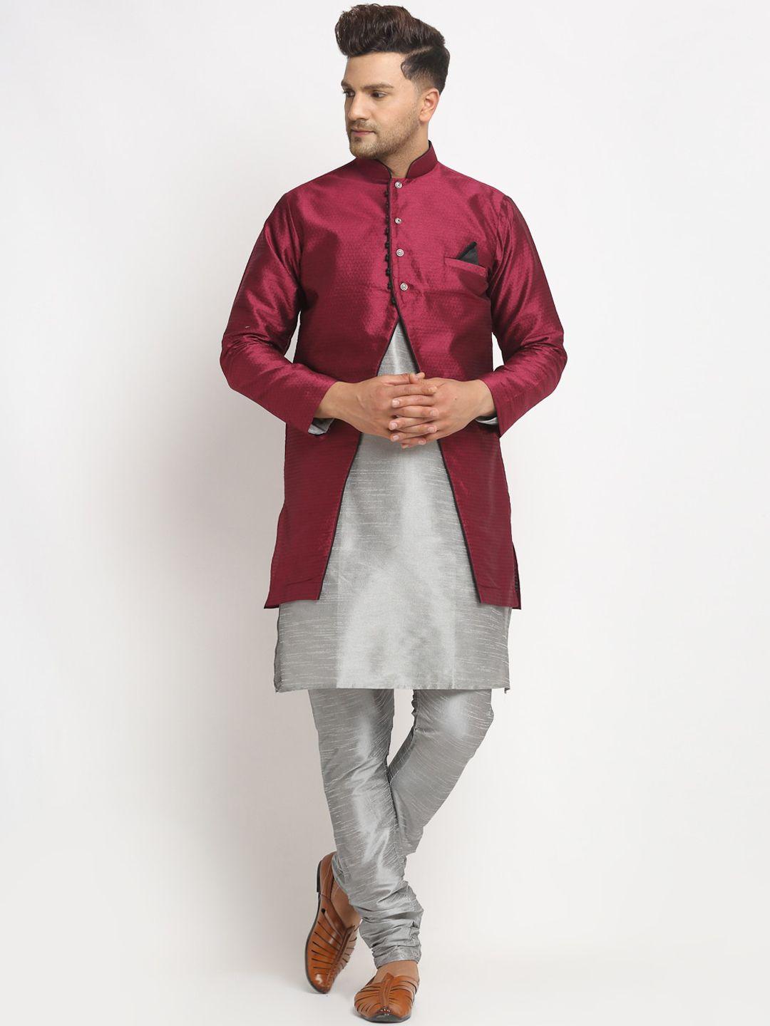 benstoke men silver-toned & maroon solid kurta with churidar