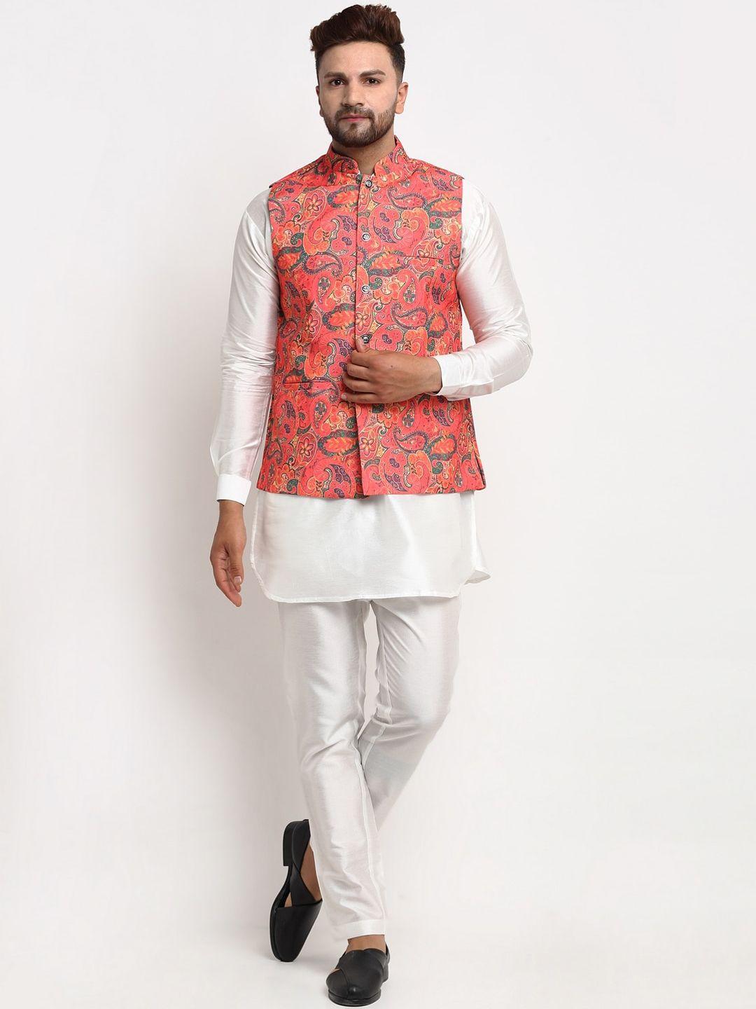benstoke men white & orange paisley printed dupion silk kurta & pyjamas with nehru jacket