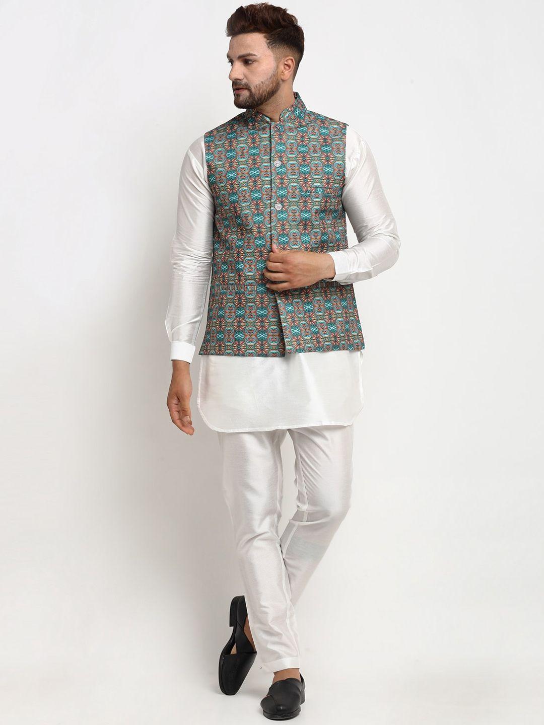 benstoke men white ethnic motifs printed dupion silk kurti with pyjamas