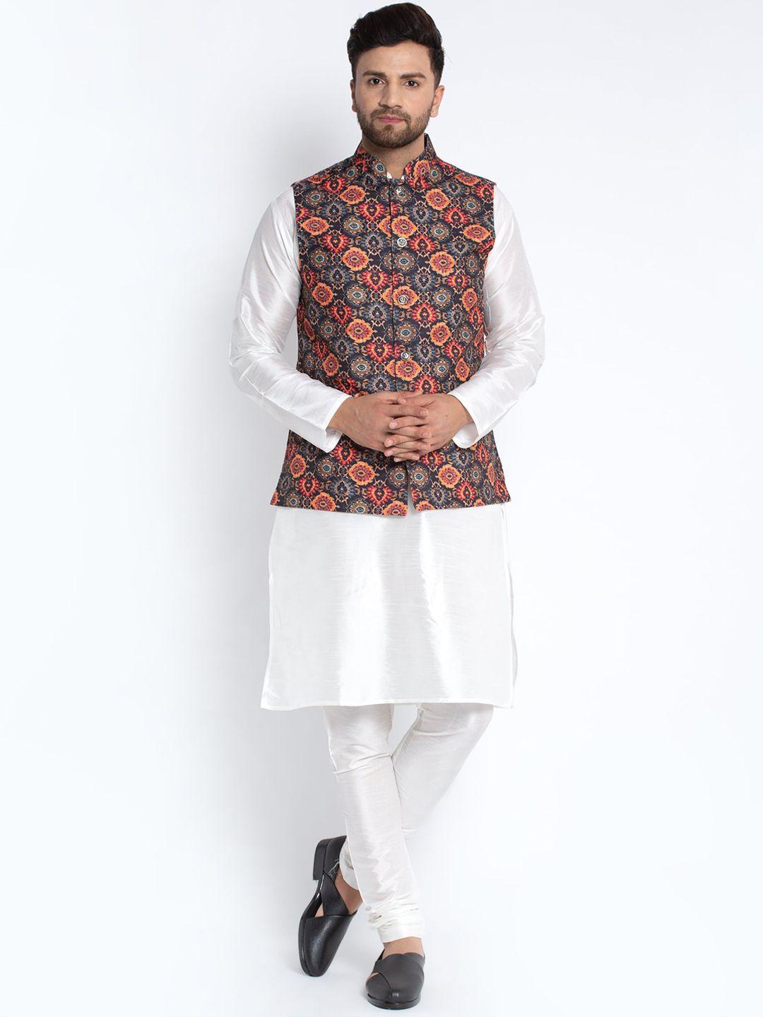 benstoke men white ethnic motifs printed layered dupion silk kurta with churidar