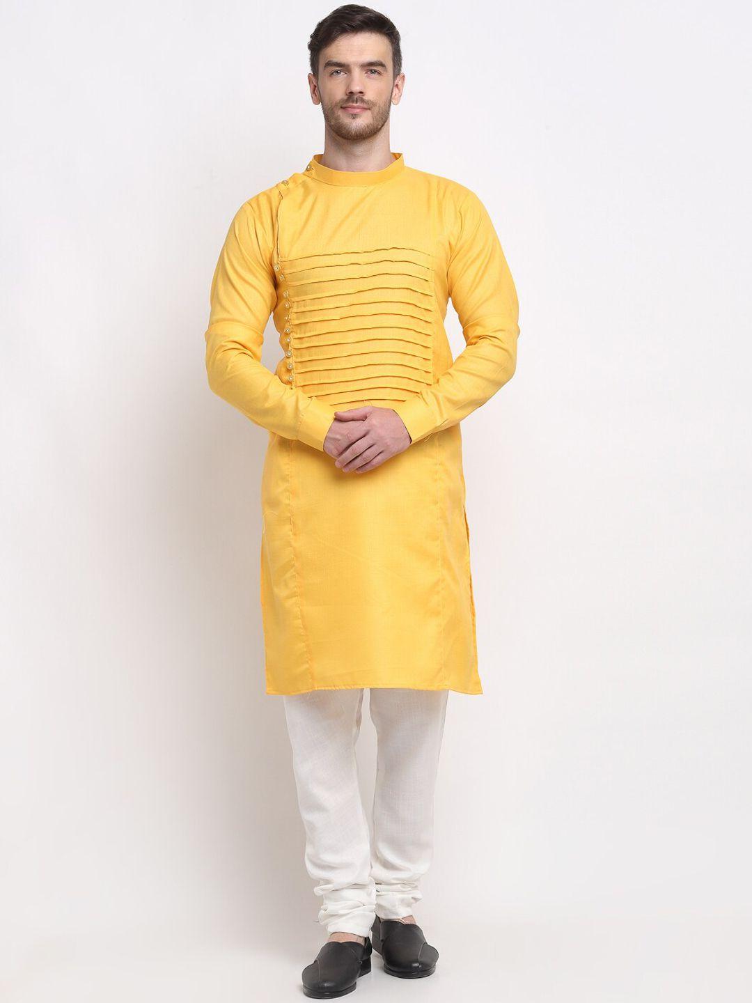 benstoke men yellow cotton blend yoke design  kurta with pyjamas