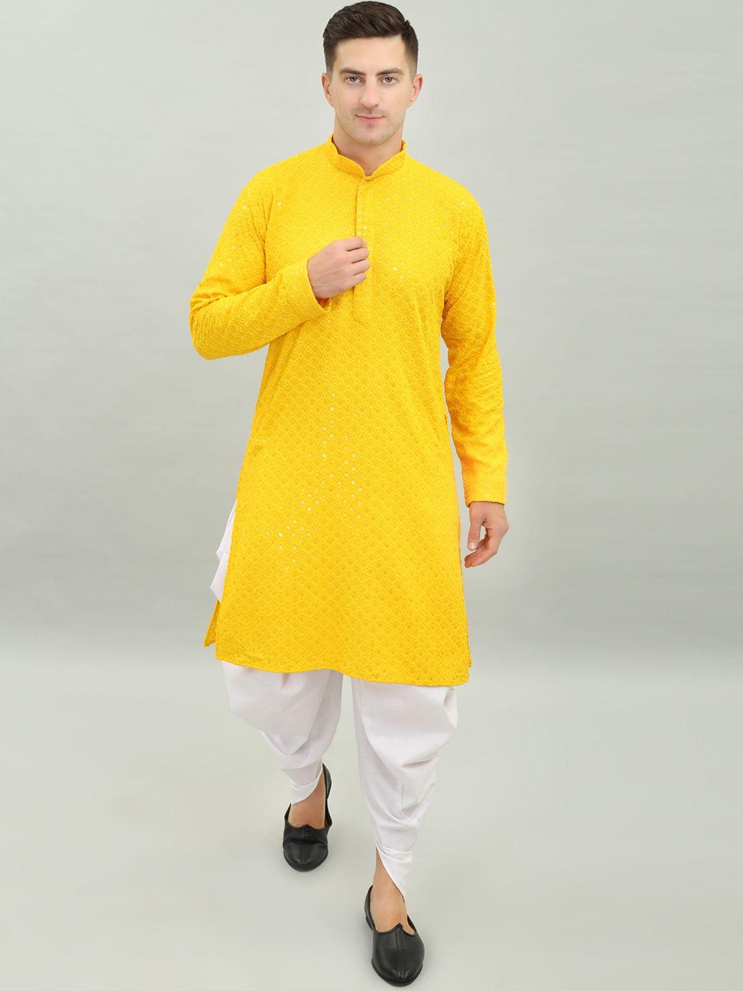 benstoke men yellow floral embroidered regular thread work kurta with dhoti pants
