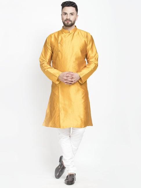 benstoke mustard & white regular fit self pattern kurta set