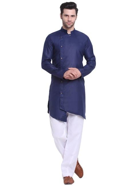 benstoke navy & white regular fit asymmetric kurta & pyjamas set