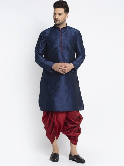 benstoke navy blue & maroon regular fit kurta set