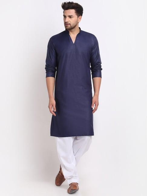 benstoke navy blue & white cotton regular fit kurta set