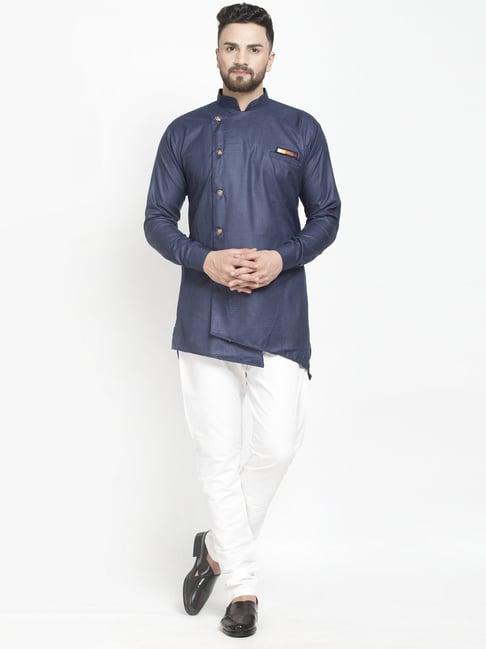 benstoke navy blue & white cotton regular fit kurta set