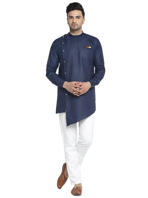 benstoke navy blue & white cotton regular fit kurta set