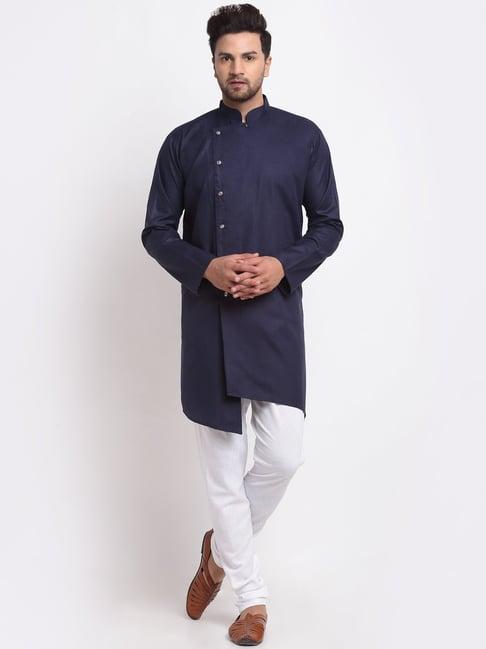 benstoke navy blue & white cotton regular fit kurta set