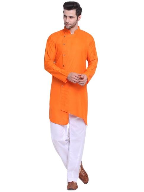 benstoke orange & white regular fit asymmetric kurta & pyjamas set