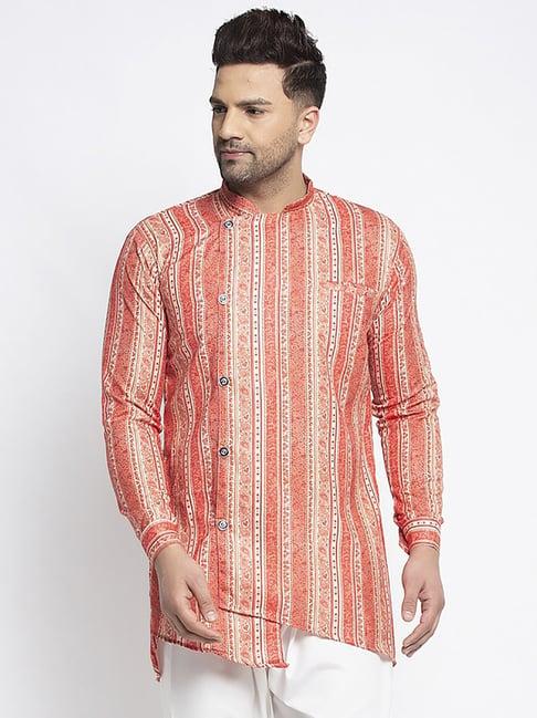 benstoke orange regular fit mandarin collar printed short kurta