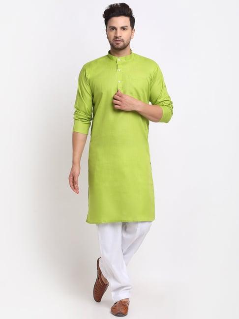 benstoke parrot green & white cotton regular fit kurta set