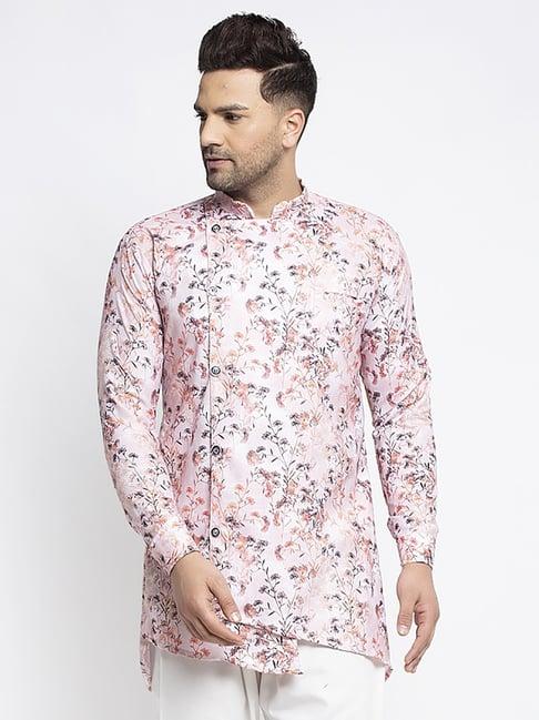 benstoke pink regular fit mandarin collar floral print short kurta