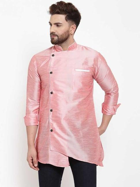 benstoke pink regular fit mandarin collar short kurta