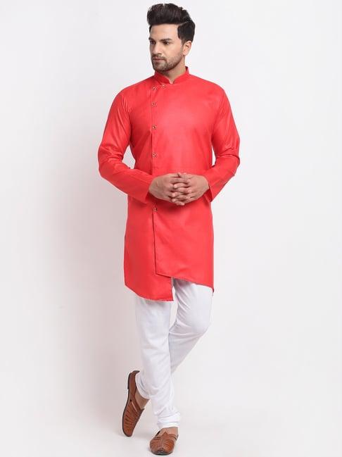 benstoke red & white cotton regular fit kurta set