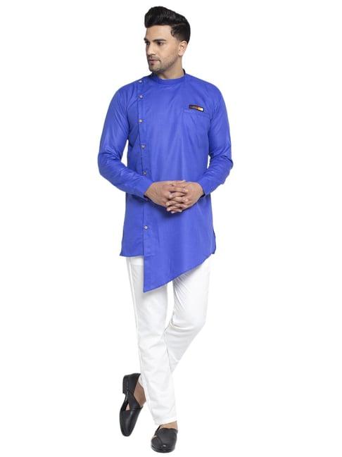 benstoke royal blue & white cotton regular fit kurta set