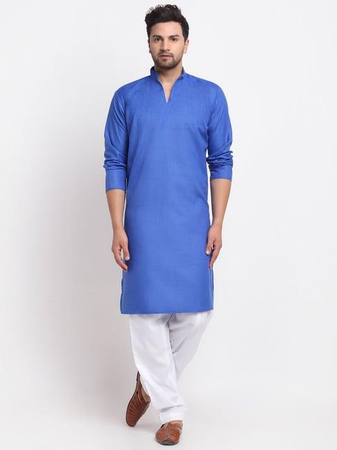 benstoke royal blue & white cotton regular fit kurta set